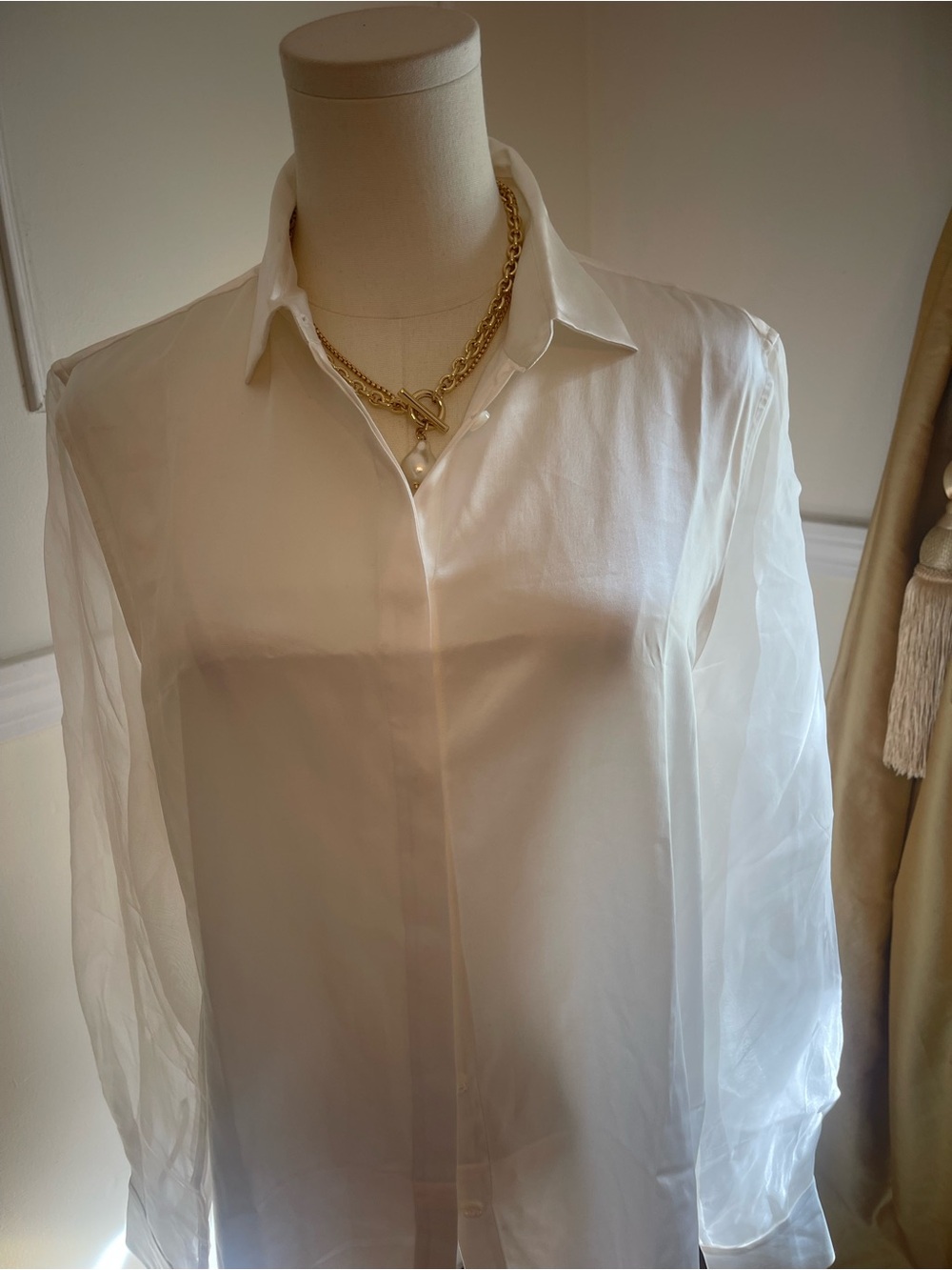 Lily Silk Classy 100% Silk Women's White Button-Down Blouse with Sheer Sleeve - Picture 7 of 14